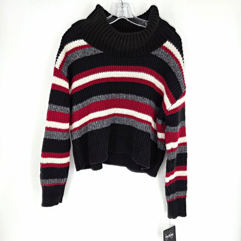 by & by Womens Striped Knit Cowl Neck Pullover Sweater Long Sleeve Lg Black Red